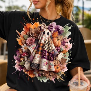 Patchwork-Geist (PNG), florales Halloween-Sublimationsmuster, Cottagecore-Herbst-Shirt-Design