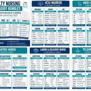 May include: A set of printable nursing reference cards featuring five specialty bundles: ICU, Med-Surg, Peds, L&D, and Telemetry. Each card displays medical data, vital signs, and clinical guidelines in a blue and white layout with the text Nurse Flow Studio.