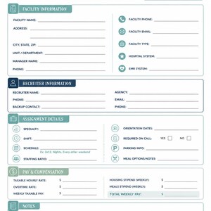 May include: A white travel assignment overview planner page for nurses with dark blue text and teal accents. Sections include facility information, recruiter details, assignment specifics, pay, and notes. Features icons for phone, email, and hospital.