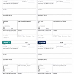 May include: An ER Nurse Brain Sheet template with a white background and teal accents. The document features four distinct sections for patient data, including fields for name, age, allergies, code status, history, vital signs, and medical notes.