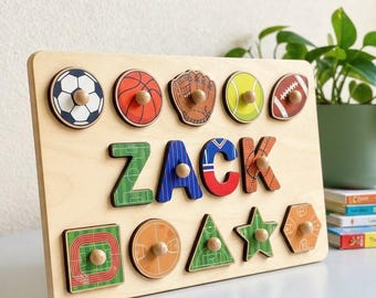 Rompecabezas deportivo personalizado con nombre, tablero de madera para bebés, juguete personalizado de fútbol para niños pequeños, regalo Montessori para el primer cumpleaños de un niño