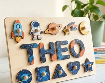 Personalisiertes Weltraum-Namenspuzzle, individuell gestaltetes Steckbrett aus Holz für Kleinkinder, Montessori-Spielzeug zum Thema Astronauten und Sonnensystem, Geschenk zum ersten Geburtstag für Jungen