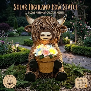 May include: A brown Highland cow statue with long horns and shaggy fur, holding a tan flower pot filled with glowing pastel flowers. The statue features text that reads Solar Highland Cow Statue, Glows Automatically At Night, and Solar Powered.