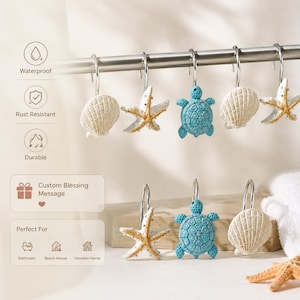 12pcs Random Animal Ocean Shower Curtain Hooks, Resin Turtle Starfish Shell Hooks, Waterproof Bathroom Decor, Coastal Home Gift