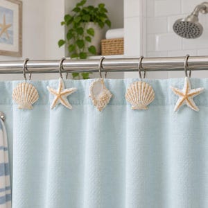 12 Seashell Shower Curtain Hooks, Coastal Bathroom Decor, Starfish Conch Shell Rings