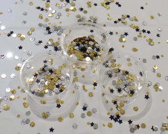 New Years Confetti Mix, Black Gold Silver Table Scatter, Handmade Vinyl Confetti
