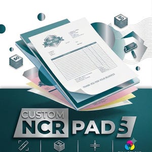 May include: A stack of custom NCR pads with white, pink, and yellow sheets featuring a logo, invoice fields, and the text THANK YOU FOR YOUR BUSINESS. The graphic includes icons for 50 sets, 80gsm paper, and full colour printing in A4, A5, A6 sizes.