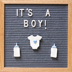 IT'S A BOY Gender Reveal Letterboard Ornaments (Pack de 3- Onesie y 2 botellas) / Accesorios para tablero de cartas de fieltro // Baby Shower