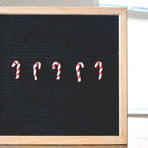Peut inclure: Un tableau d'affichage en feutre noir avec un cadre en bois, pr&eacute;sentant cinq cannes en sucre rouge et blanc dispos&eacute;es en rang&eacute;e.