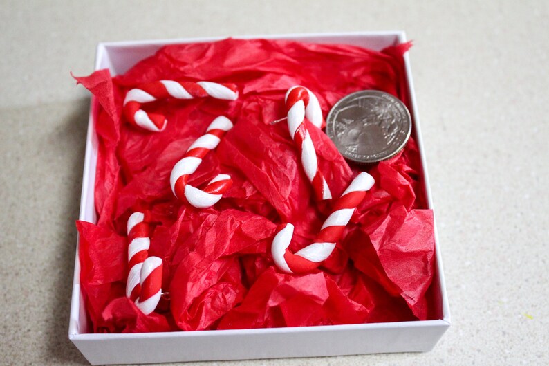 Peut inclure: Une bo&icirc;te cadeau blanche remplie de papier de soie rouge et de cannes en sucre. Une pi&egrave;ce d'argent est &eacute;galement visible dans la bo&icirc;te.