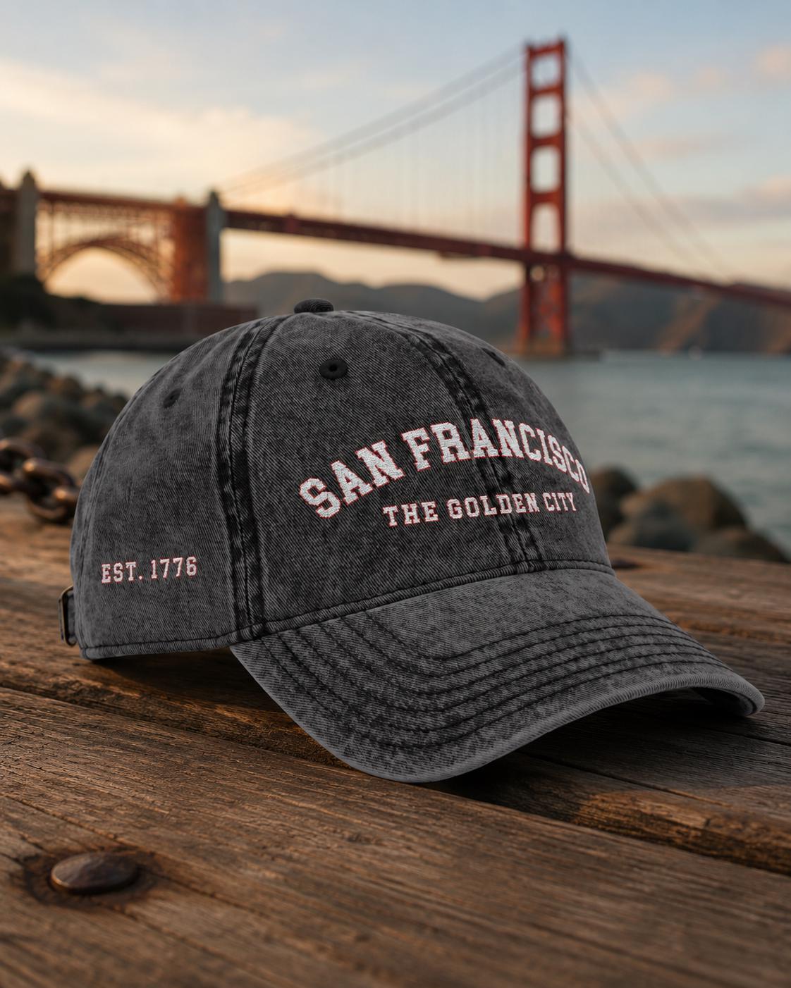 San Francisco Vintage Embroidered Cap, Golden City Hat, EST. 1776 California, USA Back Embroidery, Distressed Dad Cap