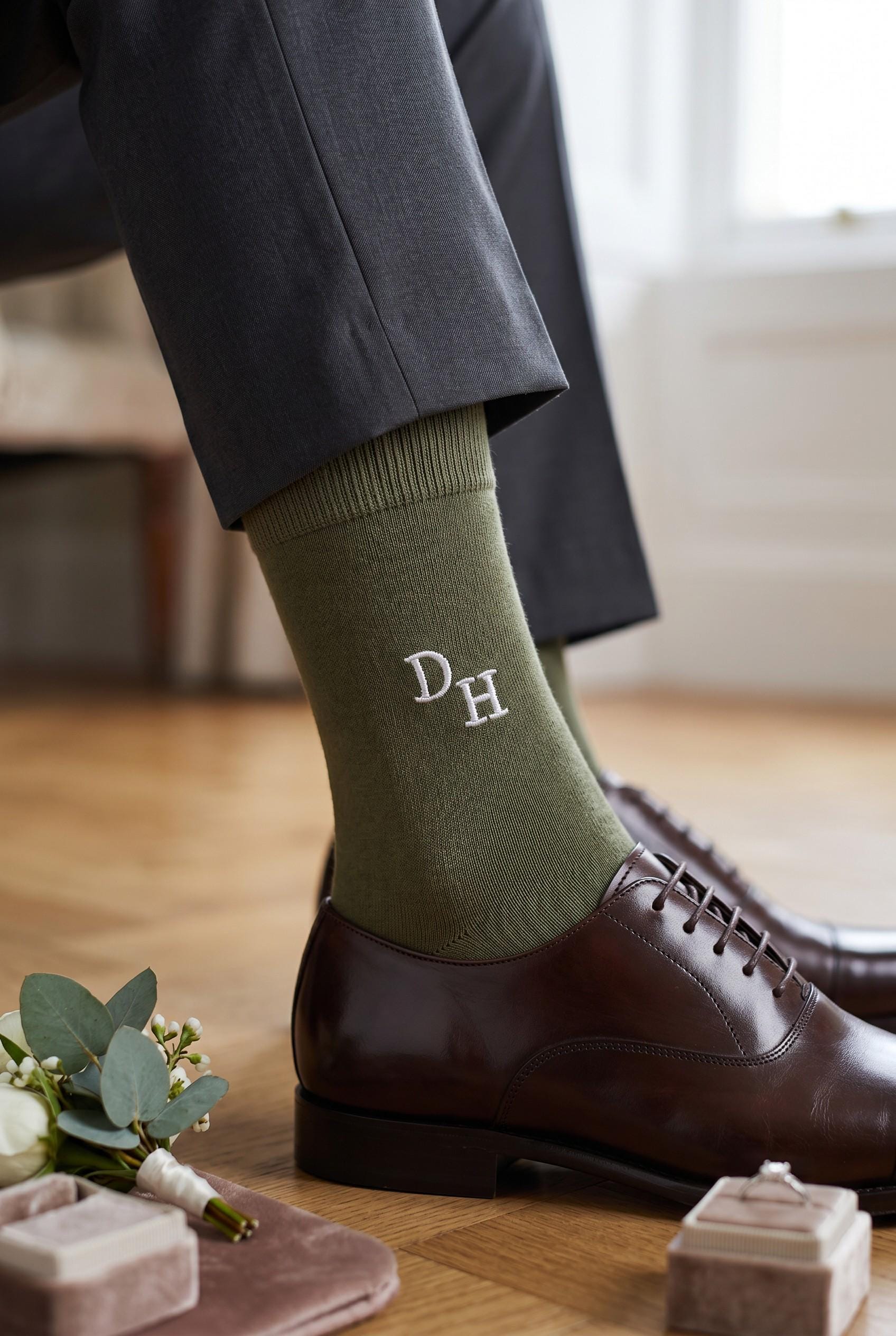 Personalized Olive Green Dress Socks, Embroidered Monogram Wedding Gift,Best Man Gift, Wedding Day Socks, Bachelor Party Gift