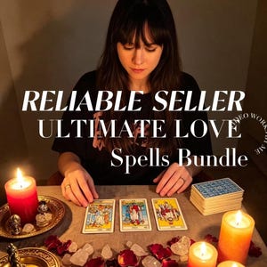 May include: A tarot card reading setup featuring three tarot cards laid out on a surface with red and orange pillar candles, scattered clear crystals, and red rose petals. The text RELIABLE SELLER ULTIMATE LOVE Spells Bundle is overlaid.