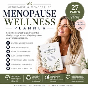 May include: A Menopause Wellness Planner with 27 pages, featuring symptom and mood trackers, HRT and medication logs, water, nutrition, and step trackers, sleep and stress trackers, appointment logs, hormone insights, and self-care tools in a spiral-bound format.
