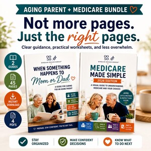 Può includere: Un pacchetto Aging Parent + Medicare con due guide intitolate When Something Happens to Mom or Dad e Medicare Made Simple 2026 Edition. Il set include 45 pagine, 4 PDF e icone per il download immediato. Il testo include Clear guidance, practical worksheets, and less overwhelm.
