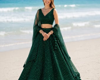 Completo Lehenga Choli verde scuro: abito da invitata a un matrimonio, vestibilità personalizzata, ricamo Zari