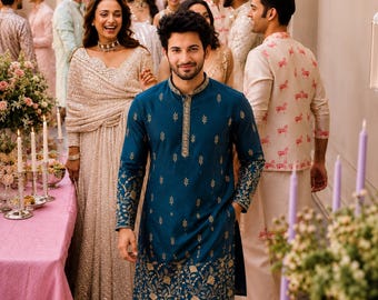 Teal Blue Men's Traditional Cotton Kurta for Festive & Casual Wear Matching Husband Women Combo