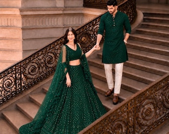 Donkergroene lehenga-choliset: bruiloftsgastkleding, custom-fit, Zari-borduursel