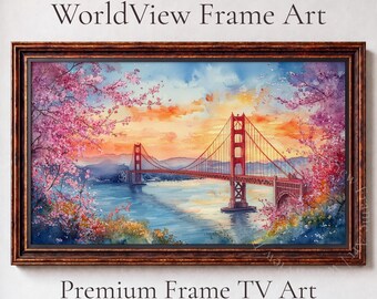 Golden Gate Bridge Spring Blossom, Watercolor Samsung Frame TV Art (Digital Download) 100
