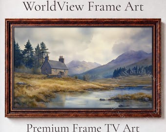 Scottish Highlands Cottage Watercolor, Moody Mountain Stream Frame TV Art (Digital Download) 5