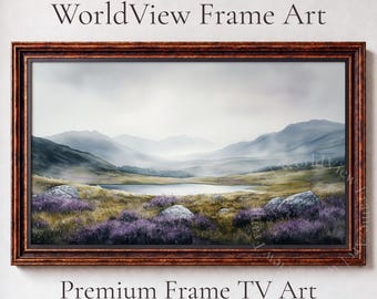 Scottish Highlands Landscape Frame TV Art, Misty Mountains Loch Watercolor (Digital Download) 1