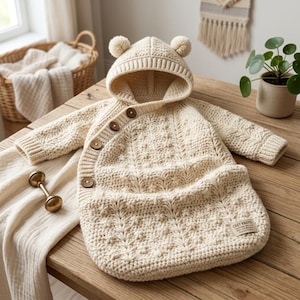 May include: A cream-colored crocheted baby bunting with a hood featuring two small pom-poms. The garment has long sleeves, a diagonal button closure with four brown wooden buttons, and a small rectangular label reading COZY KNOTS.