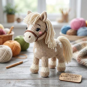 Può includere: Un pony amigurumi all'uncinetto color beige con criniera e coda color crema, dotato di una briglia marrone, macchie bianche e guance rosa. Un'etichetta in legno reca la scritta CROCHET PONY HANDMADE AMIGURUMI stampata in inchiostro nero.