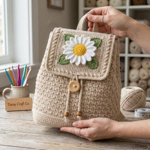 Puede incluir: Una mochila de ganchillo beige con una margarita blanca grande de centro amarillo y hojas verdes en la solapa frontal. La bolsa tiene un cierre de cordón con un botón de madera y dos cuentas de madera, y un patrón de punto texturizado.