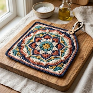 Op de afbeelding: Een vierkante gehaakte pannenlap met een veelkleurig mandalapatroon in marineblauw, roestoranje, teal en crème. Het item heeft een gevlochten lus met een kleine houten knoop waarop de tekst Handmade 2024 is gegraveerd.