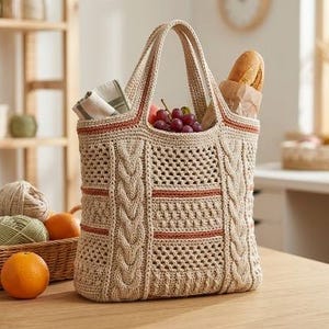 Puede incluir: Un bolso de ganchillo beige con patrones de trenzas verticales y rayas horizontales de color óxido. El bolso tiene dos asas y está lleno de una barra de pan, uvas y un paño doblado. Se encuentra sobre una superficie de madera junto a lana.
