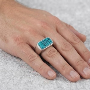Men's Rectangular Turquoise Signet Ring, Sterling Silver Boho Statement Band