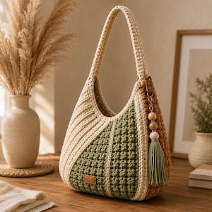 May include: A crochet hobo bag featuring a color-blocked design in cream, olive green, and brown. The bag has a single shoulder strap, a textured stitch pattern, and a decorative charm with wooden beads and an olive green tassel attached to the side.