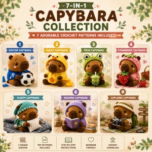 Puede incluir: Una colección de 7 patrones de ganchillo de capibara que incluye siete diseños distintos: un jugador de fútbol, un patito, una rana, una fresa, un personaje dormido con almohada, un lector con libro y un explorador con cámara y mochila.