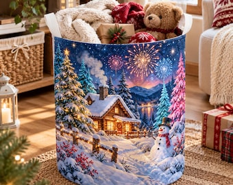 Winter Cabin Quilted Laundry Basket, Snowman Lake Fireworks Hamper, Holiday Living Room Blanket Bin, Collapsible Fabric Storage Bag
