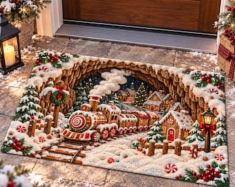 3D Gingerbread Train Doormat, Candy Land Peppermint Village Cave Rug, Christmas Holiday Porch Decor, Non Slip Optical Illusion Mat