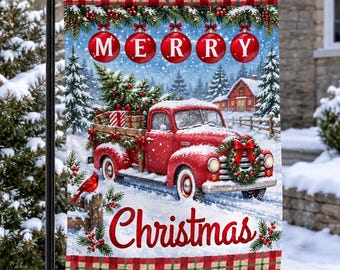 Vintage Red Truck Christmas Flag, Red Plaid Ornament Cardinal Banner, Holiday Winter Lawn Yard Decor, Double Sided Polyester Sign