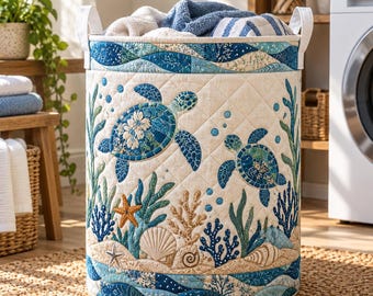 Sea Turtle Quilted Laundry Basket, Ocean Coral Reef Seashell Hamper, Coastal Nautical Bathroom Storage Bin, Collapsible Fabric Bag