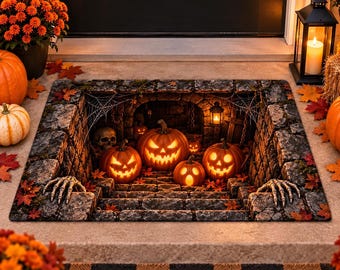 3D Pumpkin Dungeon Halloween Doormat, Optical Illusion Crypt Stairs Rug, Spooky Fall Porch Entryway Decor, Non Slip Rubber Welcome Mat