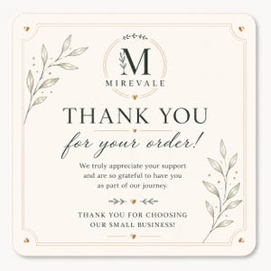 May include: A square thank you card with rounded corners, featuring a cream background, dark green text, and gold accents. The design includes a central logo with the letter M and the text MIREVALE, surrounded by botanical leaf illustrations.