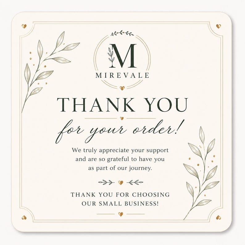 May include: A square thank you card with rounded corners, featuring a cream background, dark green text, and gold accents. The design includes a central logo with the letter M and the text MIREVALE, surrounded by botanical leaf illustrations.