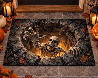 3D Skeleton Well Halloween Doormat, Optical Illusion Skull Stone Pit Rug, Spooky Fall Porch Decor, Non Slip Rubber Welcome Mat
