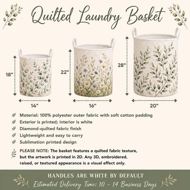 May include: Three cylindrical laundry baskets with diamond-quilted fabric and botanical prints. Sizes include 18 by 14 inches, 22 by 16 inches, and 28 by 20 inches. Features include white handles, a white interior, and a sublimation printed design.