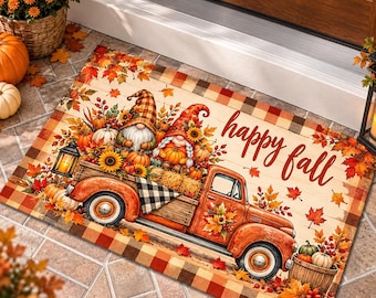 Happy Fall Gnomes Truck Doormat, Vintage Orange Pickup Pumpkin Plaid Rug, Autumn Farmhouse Porch Decor, Non Slip Welcome Mat