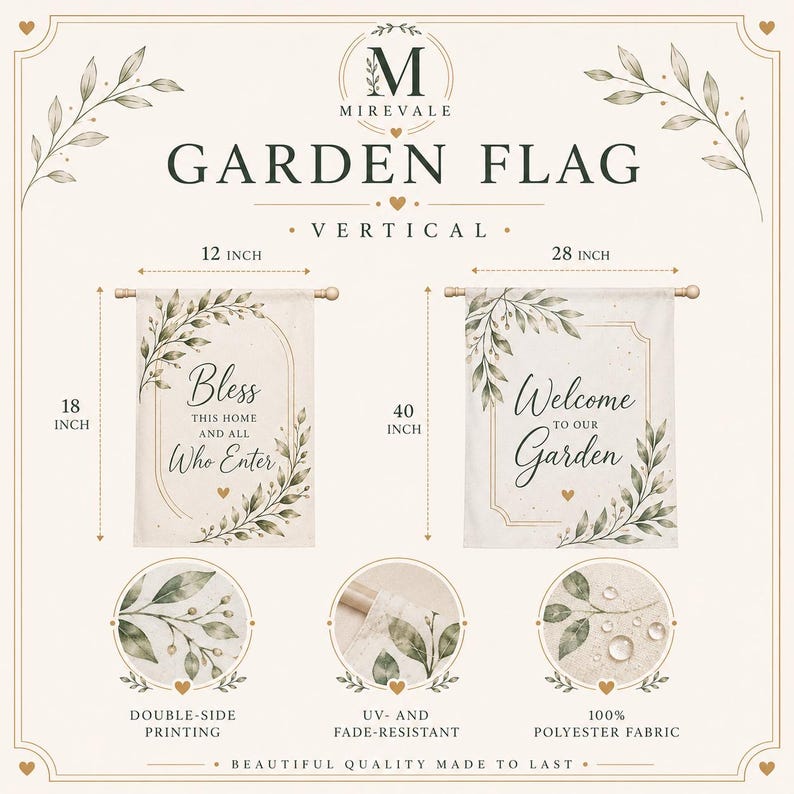 May include: Two vertical garden flags with botanical leaf designs. One flag reads Bless This Home And All Who Enter, measuring 12 by 18 inches. The other reads Welcome To Our Garden, measuring 28 by 40 inches. Features include double-side printing, UV-resistance, and 100% polyester fabric.