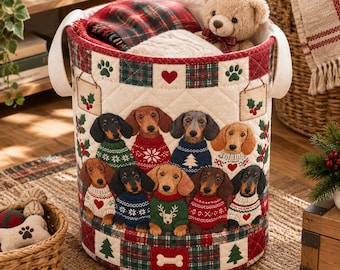 Dachshund Christmas Quilt Laundry Basket, Wiener Dog Sweater Plaid Hamper, Pet Toy Blanket Storage Bin, Collapsible Fabric Bag