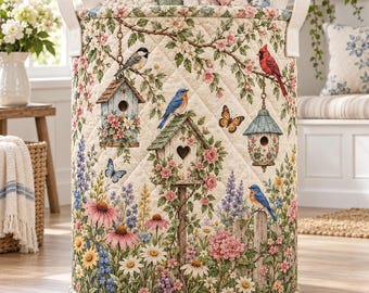 Birdhouse Floral Quilt Laundry Basket, Songbirds Botanical Garden Hamper, Cottagecore Bedroom Linen Storage Bin, Collapsible Fabric Bag