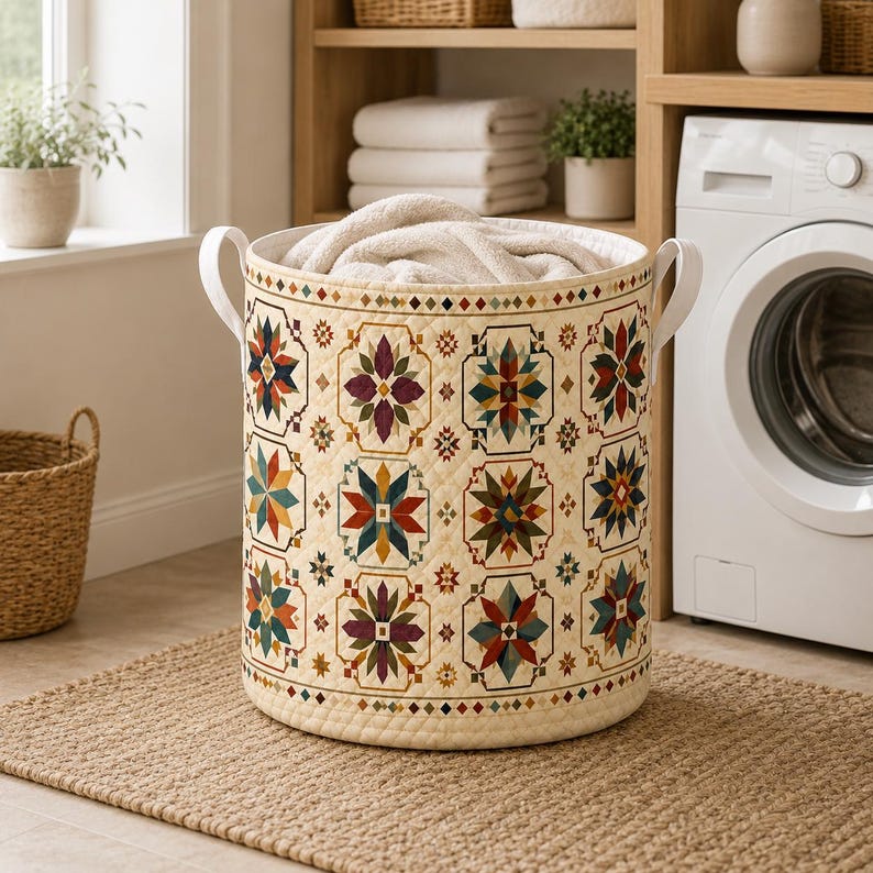 May include: A cylindrical laundry hamper with a cream-colored quilted exterior featuring a repeating geometric star pattern in shades of red, blue, green, and purple. The hamper includes two white side handles and is filled with a soft white fabric.