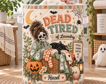 Custom Skeleton Mom Quilt Laundry Basket, Dead Tired Of Laundry Pumpkin Sign, Funny Halloween Laundry Room Decor, Collapsible Fabric Bag
