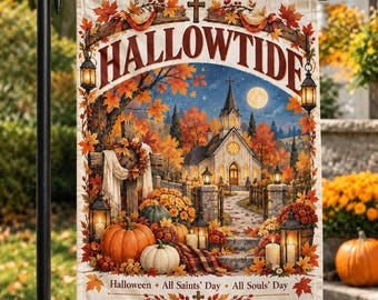 Hallowtide Christian Garden Flag, All Saints Day Autumn Chapel Cross Banner, Religious Fall Lawn Decor, Double Sided Polyester Sign