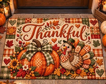 Thankful Turkey Quilt Doormat, Pumpkin Patchwork Gingham Rug, Thanksgiving Fall Porch Welcome Decor, Non Slip Floor Mat